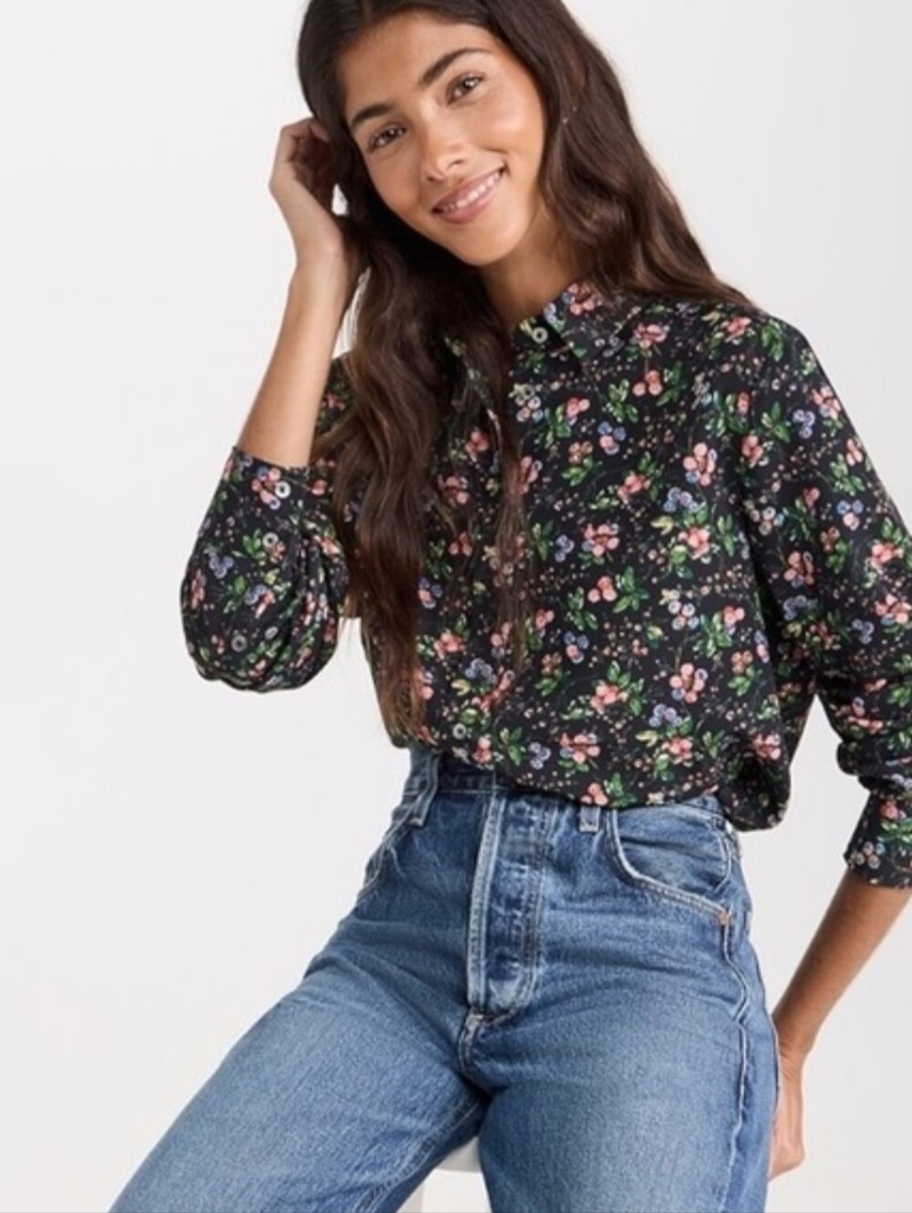 Hill House The Malone Top Women Size Medium Long Sleeve Floral Full Button